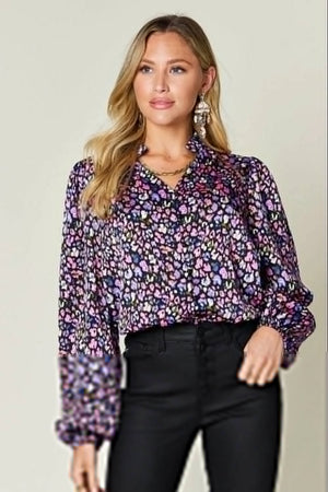 Double Take Full Size Printed Balloon Sleeve Shirt - Sugarz Chique Boutique 