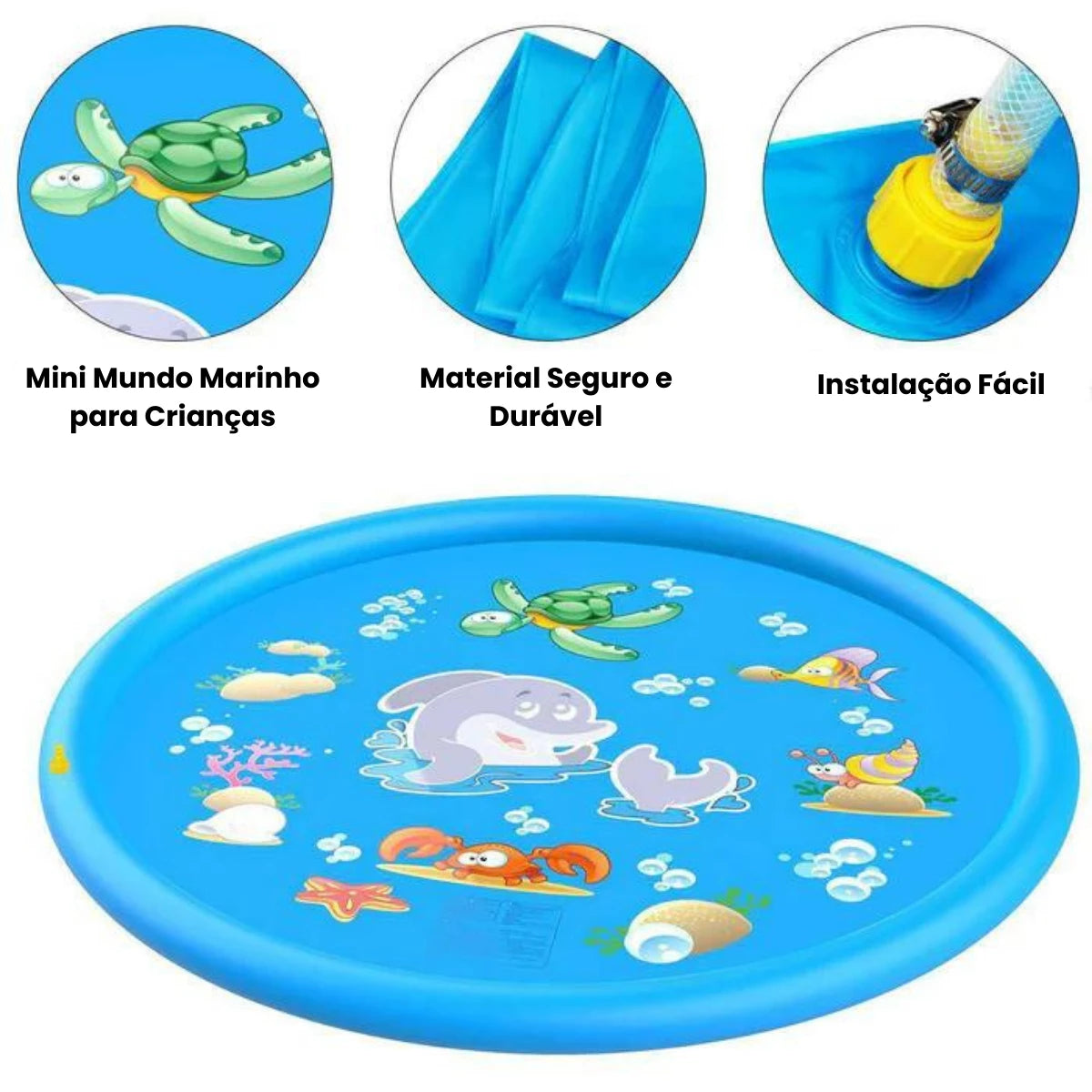 Detalhes do Brinquedo Inflável Tapete de Água destacando resistência e fácil instalação