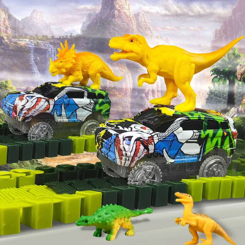 Conjunto do Brinquedo Infantil com carrinhos e pista temática decorada com dinossauros
