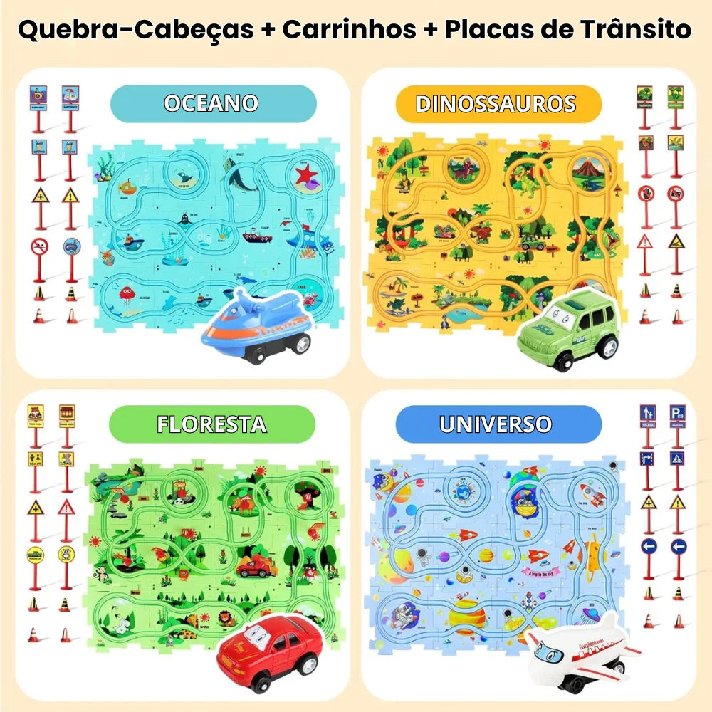 Brinquedos Educativos Quebra-cabeça com diferentes temas e carrinhos sobre placas de trânsito para diversão completa