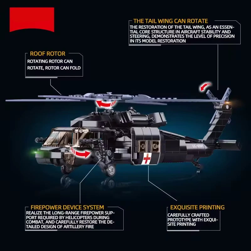 Arindolê Brinquedos Helicóptero de resgate médico feito de blocos de montar com peças rotativas e design detalhado
