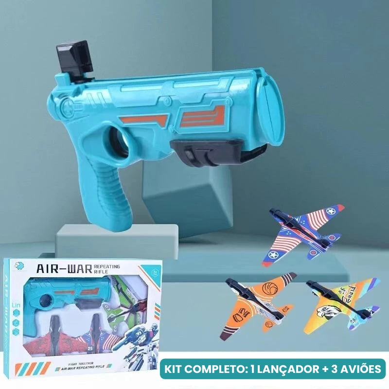 Kit completo de brinquedo de avião com lançador azul, três aviões e embalagem