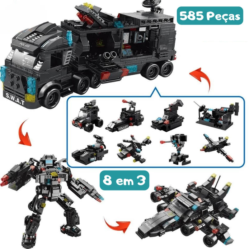 Blocos De Montar SWAT 8 em 3, conjunto com 585 peças que se transformam em veículos táticos, robô de combate e jato.