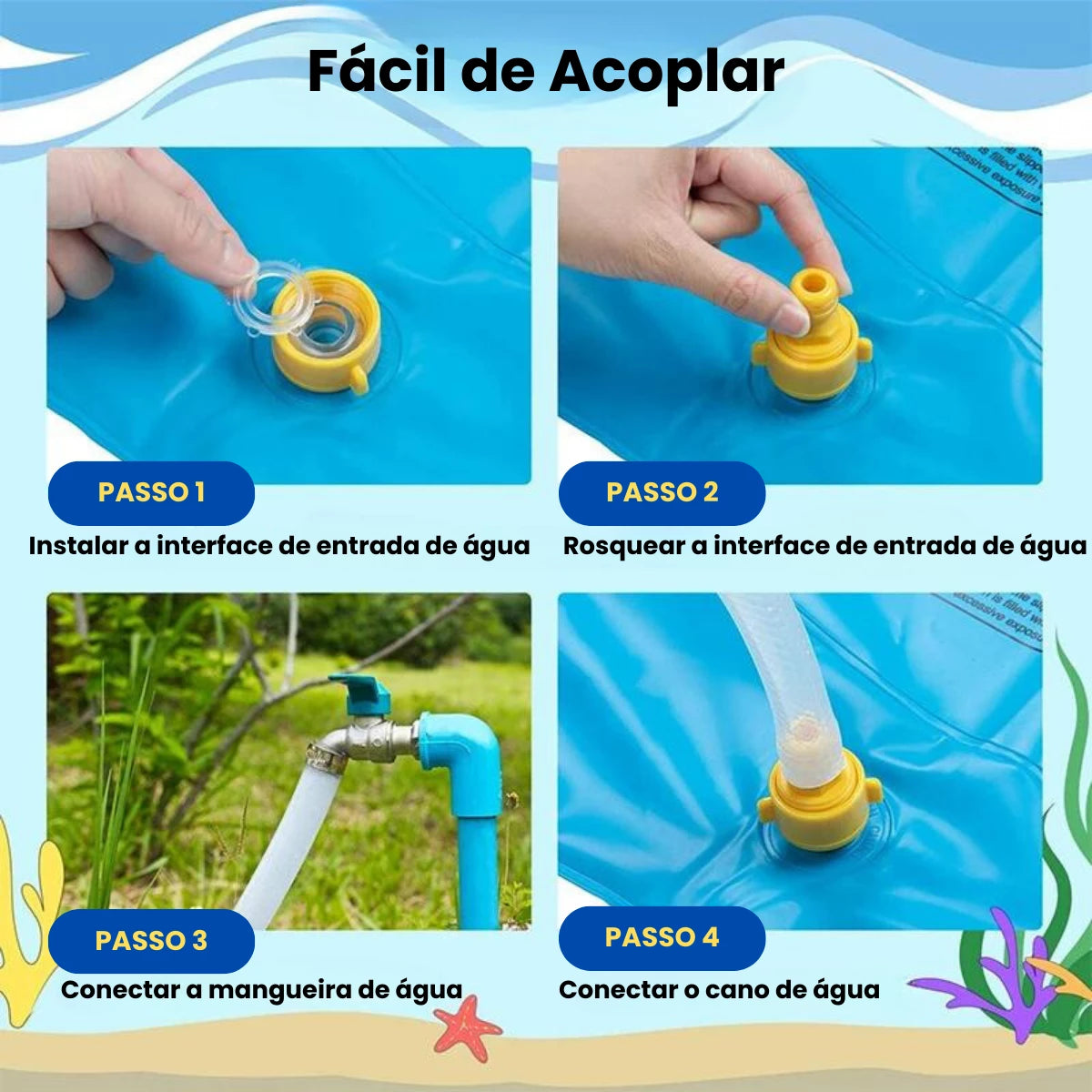 Instruções de montagem passo a passo do Brinquedo Inflável Tapete de Água, destacando a conexão da mangueira