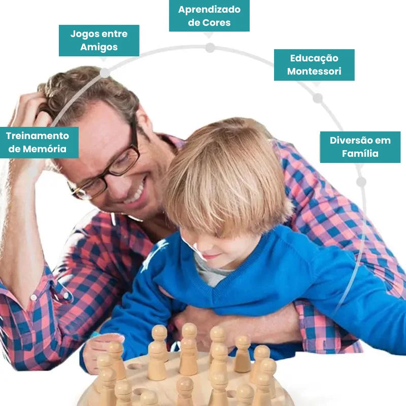 Pai e filho jogando brinquedo Montessori jogo educativo de cores destacando aprendizado e diversão em família