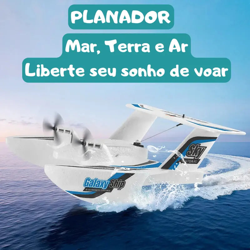 Avião de controle remoto Galaxy Ship sobre a água, design para aventuras em mar, terra e ar