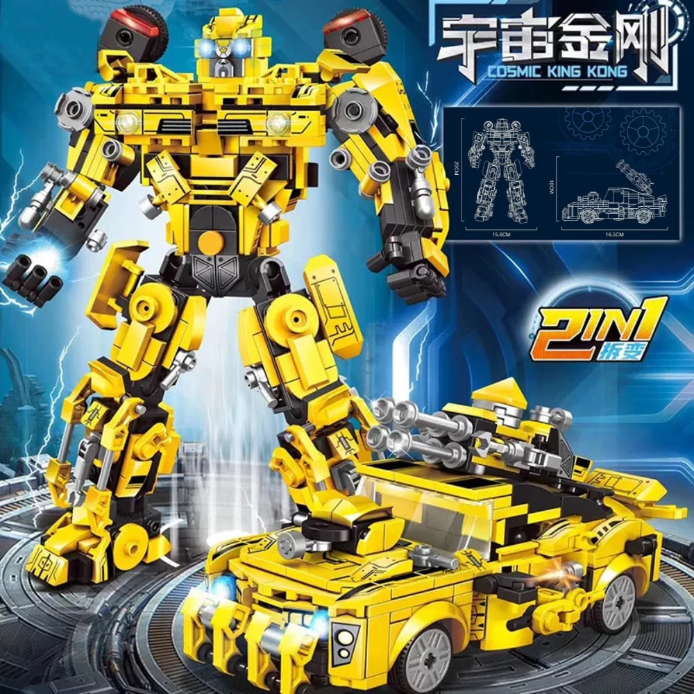 Blocos de Montar 2 em 1 com robô amarelo transformável em carro esportivo