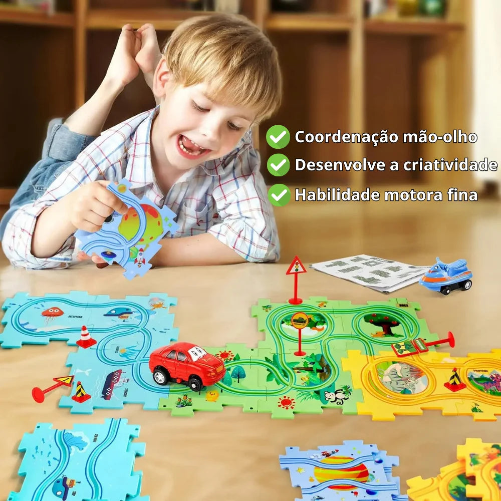 Menino montando pista de corrida com Quebra-cabeça Brinquedo Educativo, aprimorando coordenação motora e raciocínio lógico
