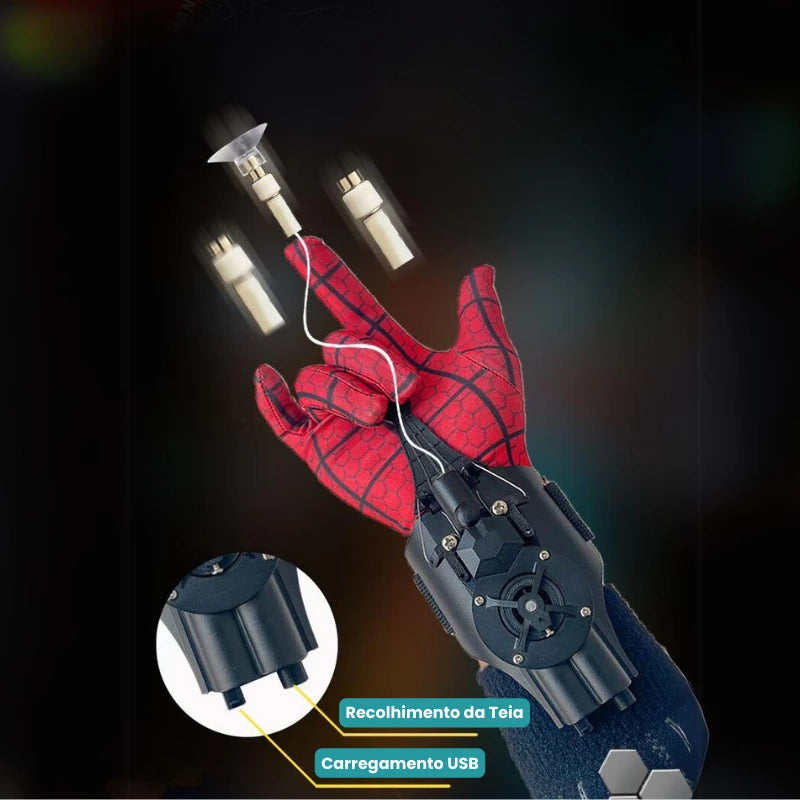 Arindolê Brinquedos Lançador de teia do Homem Aranha em ação, mostrando o mecanismo de recuo e carregamento USB