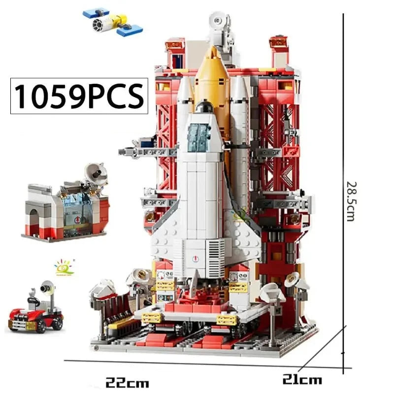 Blocos de Montar Foguete de 1059 peças com torre de lançamento, 28,5 cm de altura e 22 cm de largura.