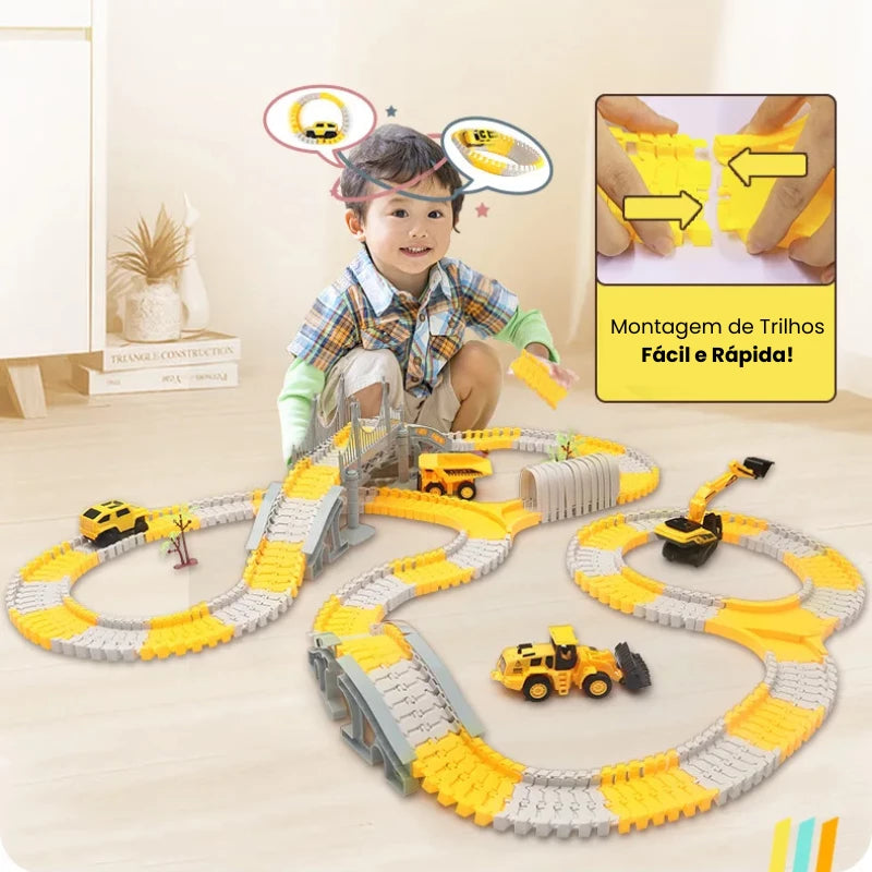 criança brincando com Pista de Carrinho e  Brinquedo Infantil com montagem fácil e colorida