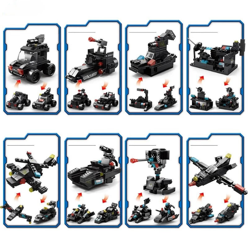 Conjunto Blocos De Montar com opções de montagem múltiplas, incluindo veículos de combate, robô SWAT e jato de ataque.