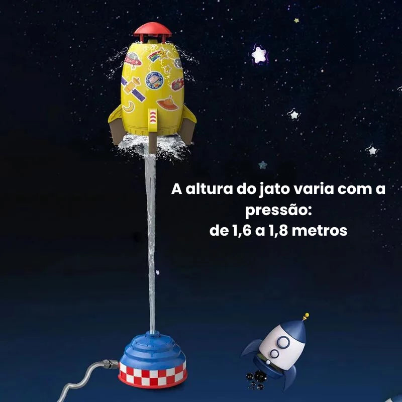 Brinquedo de Foguete amarelo lançando jatos de água com altura ajustável, chegando até 1,8 metros de altura