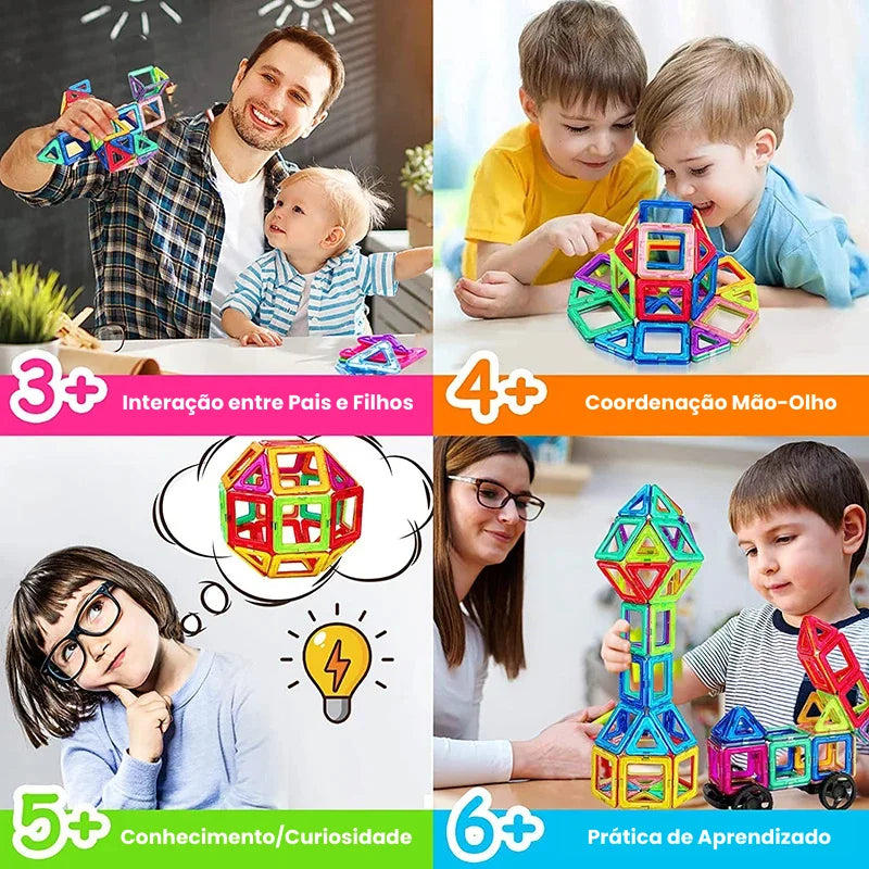 Interação familiar com Brinquedo Educativo Bloco Magnético estimulando coordenação e criatividade
