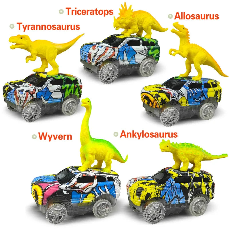 Detalhes dos carros e dinossauros na Pista de Carrinho do Brinquedo Infantil