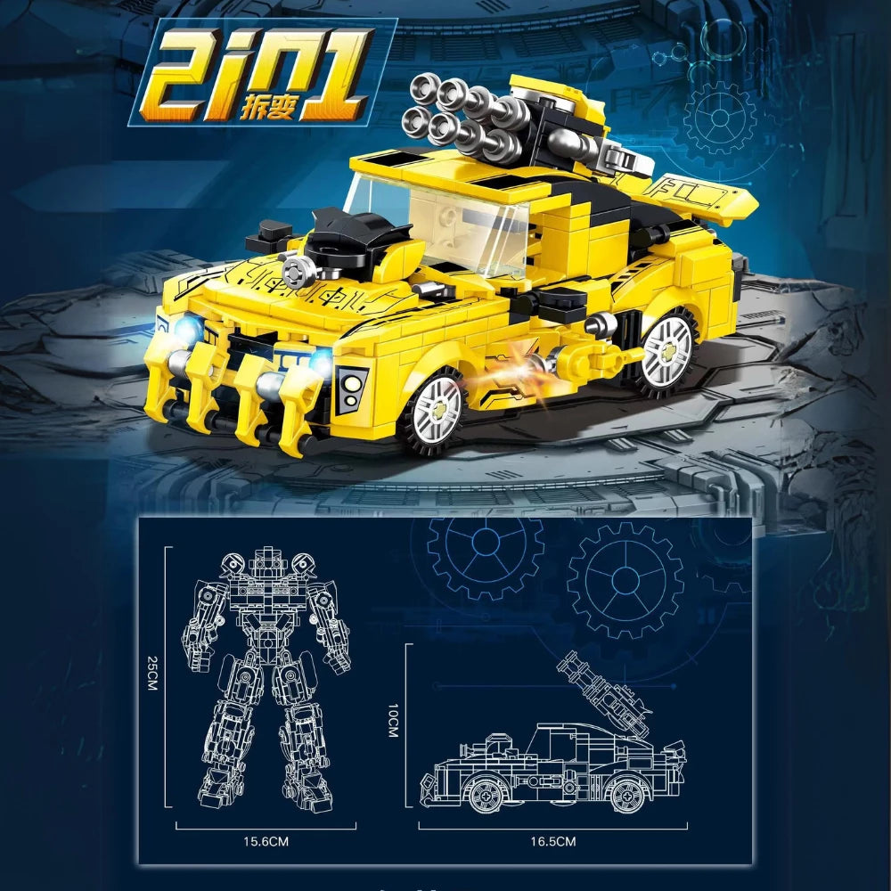 Esquema detalhado de Blocos de Montar com robô amarelo e carro, incluindo dimensões