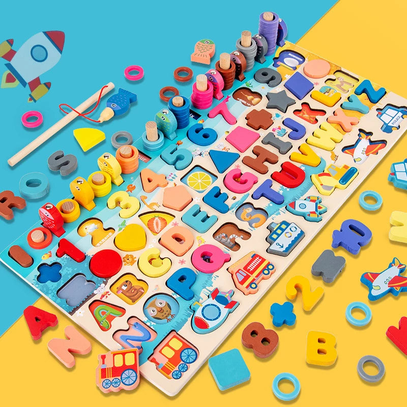 Brinquedo de Madeira com tabuleiro colorido e atividades Montessori para crianças