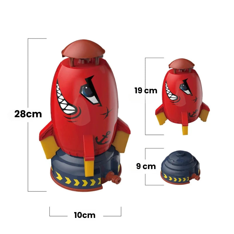 Dimensões detalhadas do Brinquedo de Foguete vermelho, medindo 28 cm, projetado para diversão ao ar livre com água