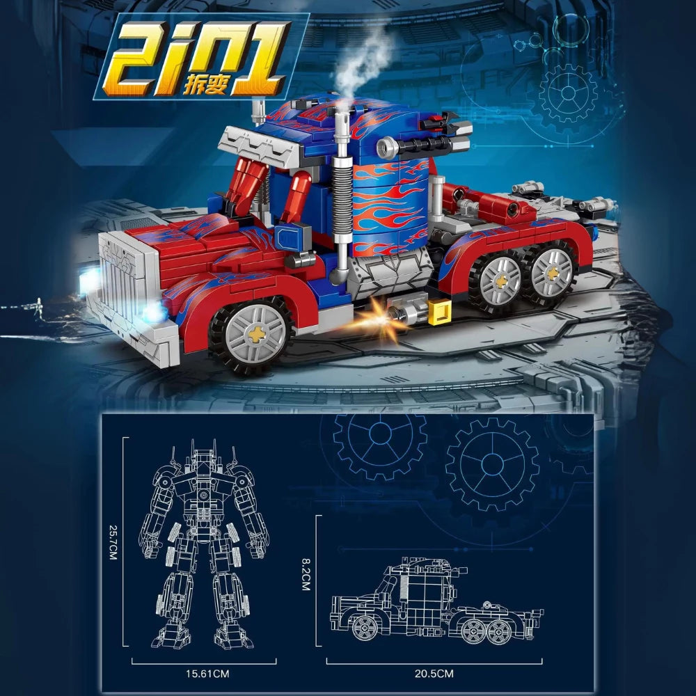 Esquema detalhado de Blocos de Montar com robô vermelho e caminhão, incluindo dimensões
