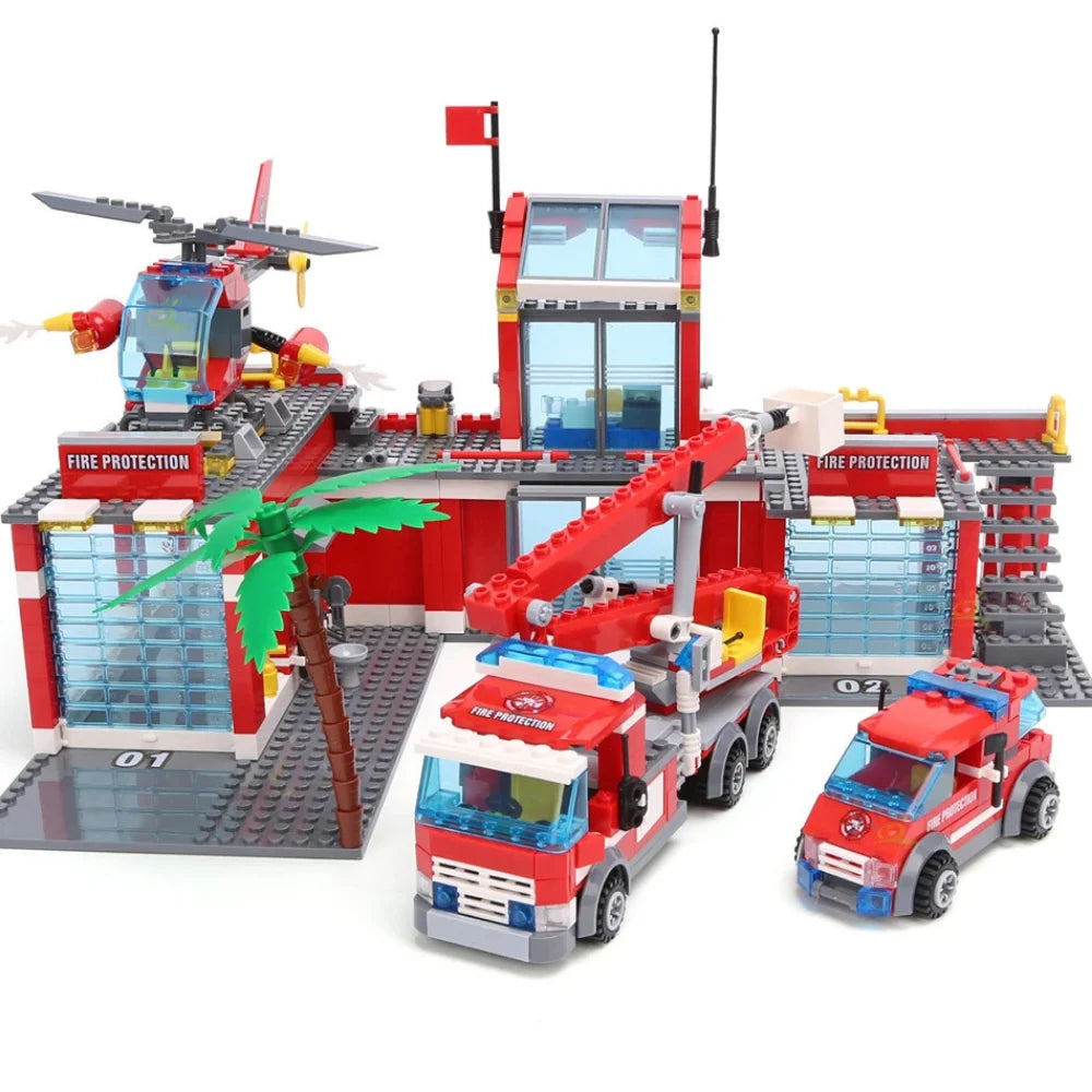 Estação de Bombeiros Blocos de Montar com caminhão, carro e helicóptero para aventuras de resgate emocionantes