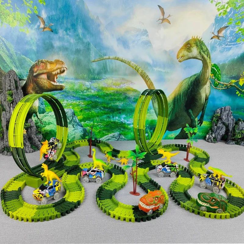 Pista de Carrinho com carros e dinossauros em circuito emocionante do Brinquedo Infantil