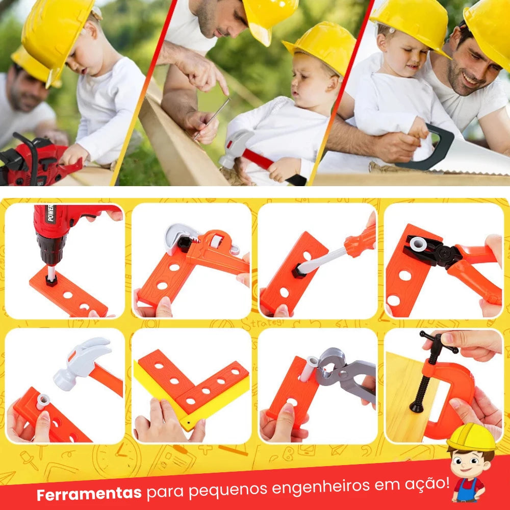 pai e filho brincando com o kit de ferramentas infantil com capacete e peças de montagem coloridas