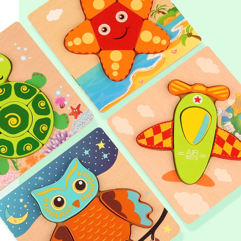 Arindolê Brinquedos Quatro quebra-cabeças Montessori de madeira com animais e objetos coloridos