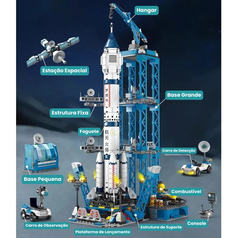 Blocos de Montar: Plataforma Espacial Detalhada com Foguete, Bases de Lançamento, Carros de Detecção e Observação, Hangar e Estação Espacial.