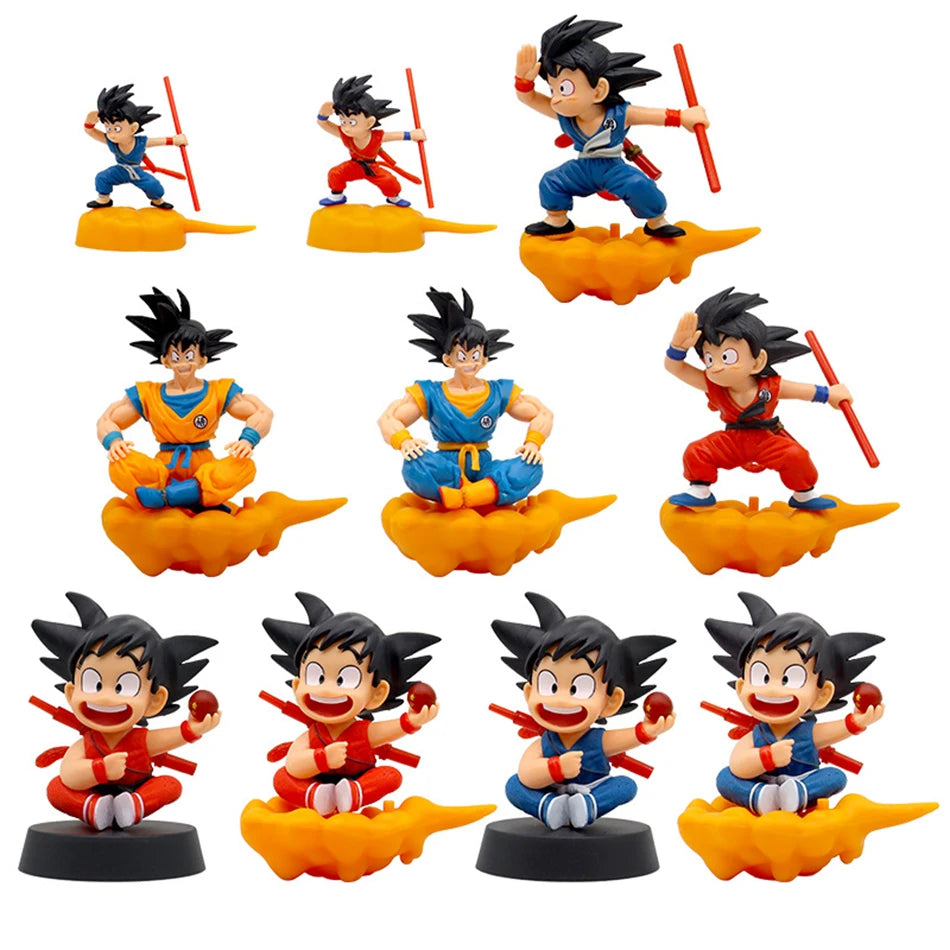Conjunto de miniaturas Dragon Ball com Goku em diversas poses e cores sobre nuvem voadora