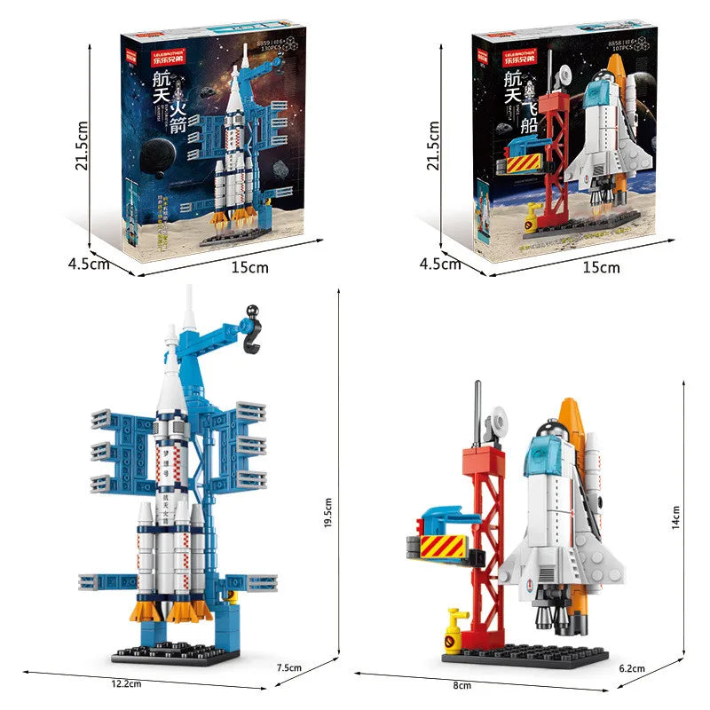 Detalhes das dimensões do conjunto de Blocos de Montar foguete e base espacial