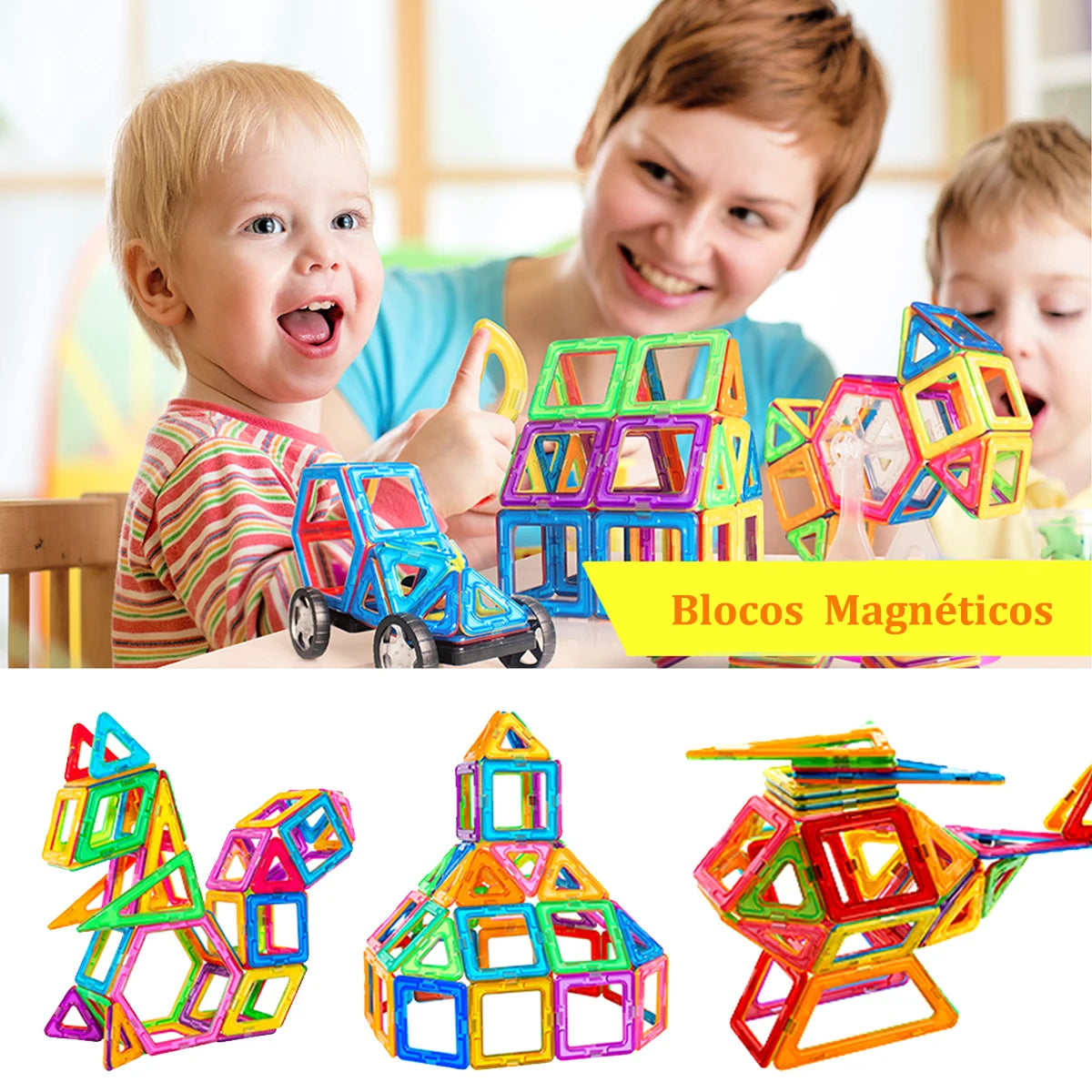 Crianças explorando criatividade com Blocos Magnéticos e Brinquedo Educativo em família
