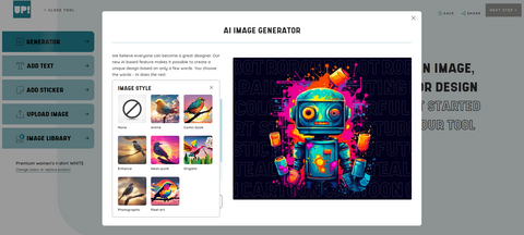 El generador de I.A de ShirtUp! te ofrece diferentes estilos de ilustraciones para crear tu diseño perfecto.