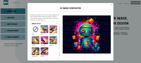 ShirtUp!'s AI generator offers different styles of illustrations to create your perfect design.