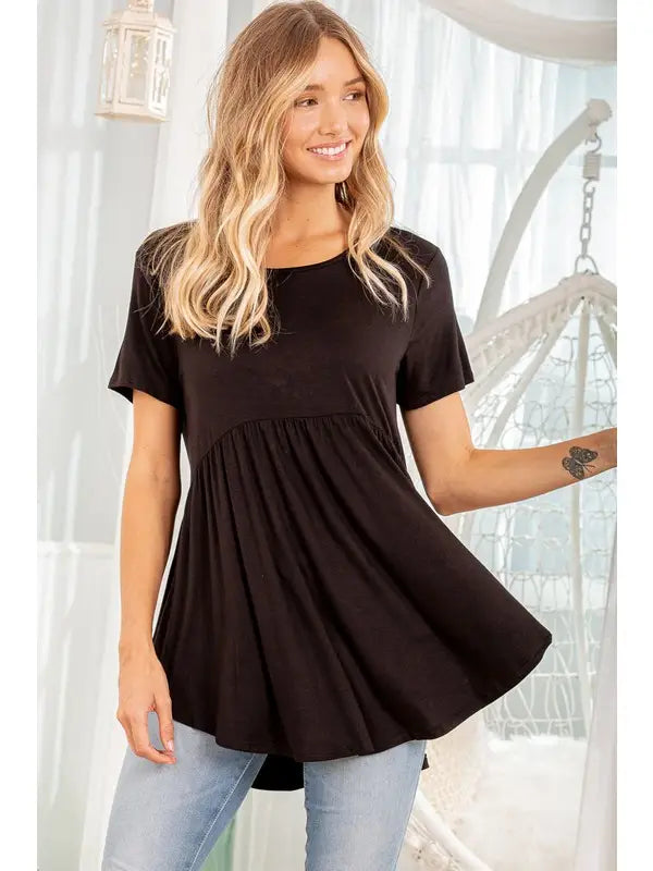 BLACK SHORT SLEEVES BABYDOLL TUNIC TOP HMST1518S