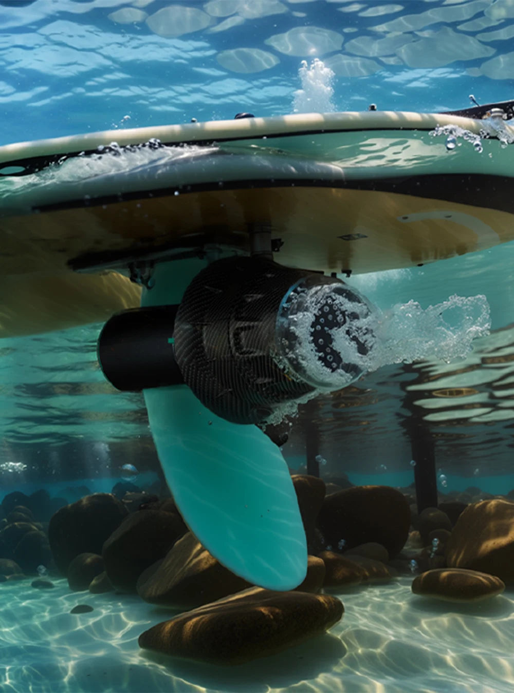Submerged underside of a surfboard with a motor and propeller