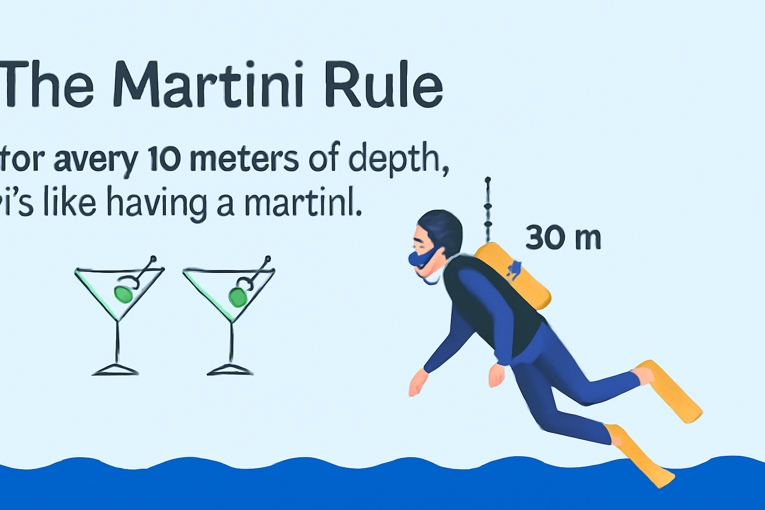 The Martini rule originated in the early days of recreational diving, at 30 meters (about 100 feet), it's as if you've had three martinis
