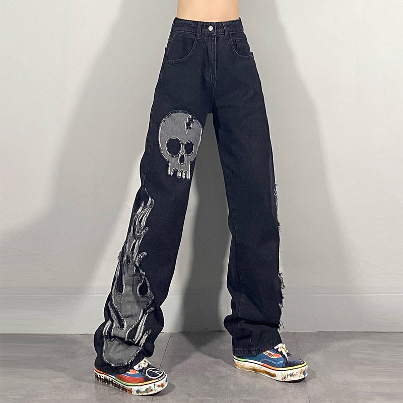 Skull Reverse Patch Embroidered Jeans