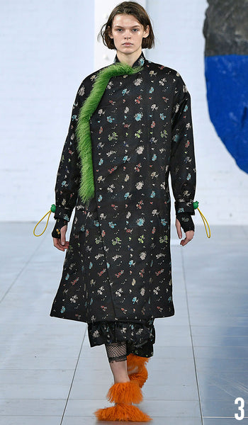 Preen by Thornton Bregazzi AW18 runway show look 3 Cara Taylor is wearing Ruth Coat and Amy fur heel.