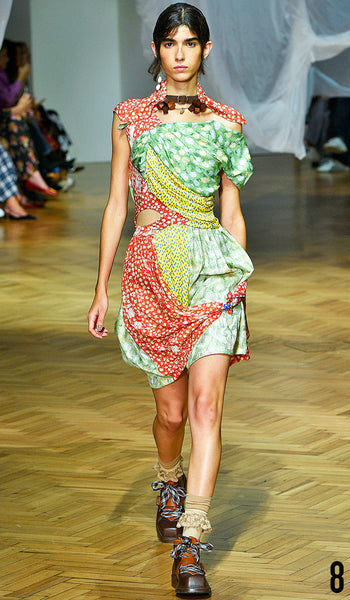PREEN BY THORNTON BREGAZZI SS19 LOOK 8 REBECA SOLANA IS WEARING MONICA DRESS AND NECK SCARF WITH ZEN BOOT. 