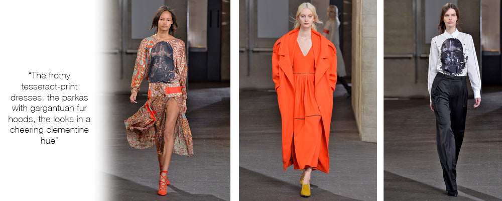 “The frothy tesseract-print dresses, the parkas with gargantuan fur hoods, the looks in a cheering clementine hue”