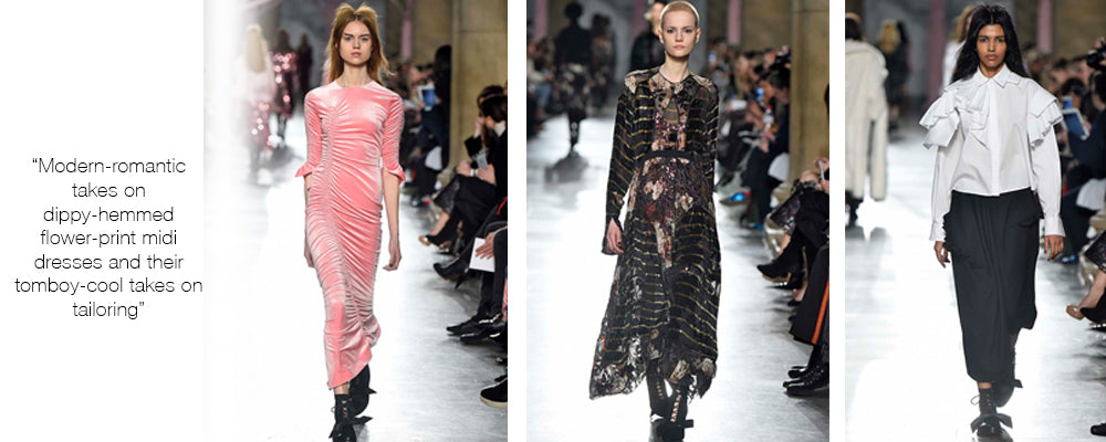 modern-romantic takes on dippy-hemmed flower-print midi dresses and their tomboy-cool takes on tailoring