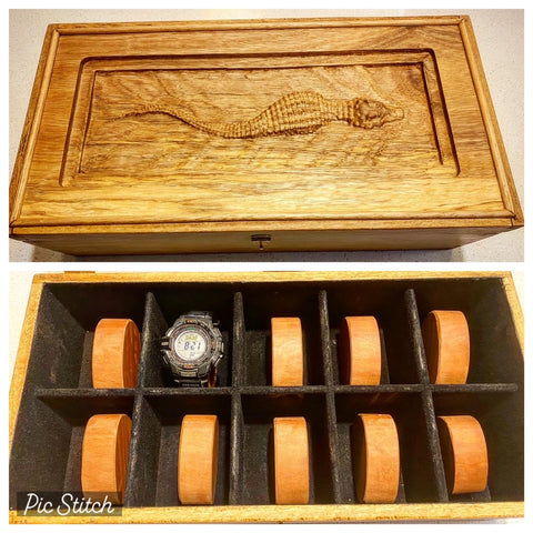 Wooden watch box with 3D crocodile carved in the lid