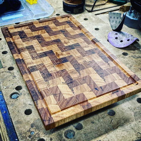 End grain cutting board in a step pattern - reclaimed hardwood
