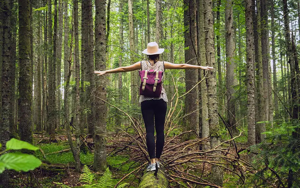 kvinna minskar stress genom att skogsbada på ett träd i en tät skog