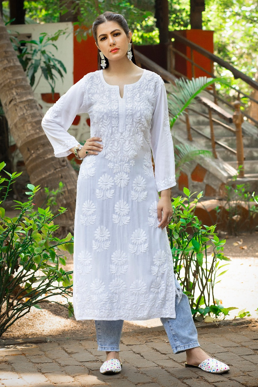 Cotton White Embroidered Chikan Kurti With Pant