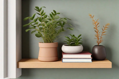 A floating shelf decorated with a small potted plant, a vase, and a few books