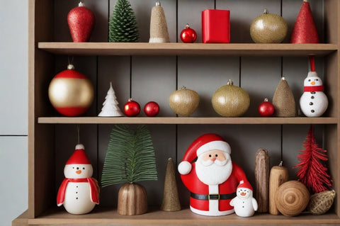 A shelf decorated with seasonal items, such as Christmas decorations