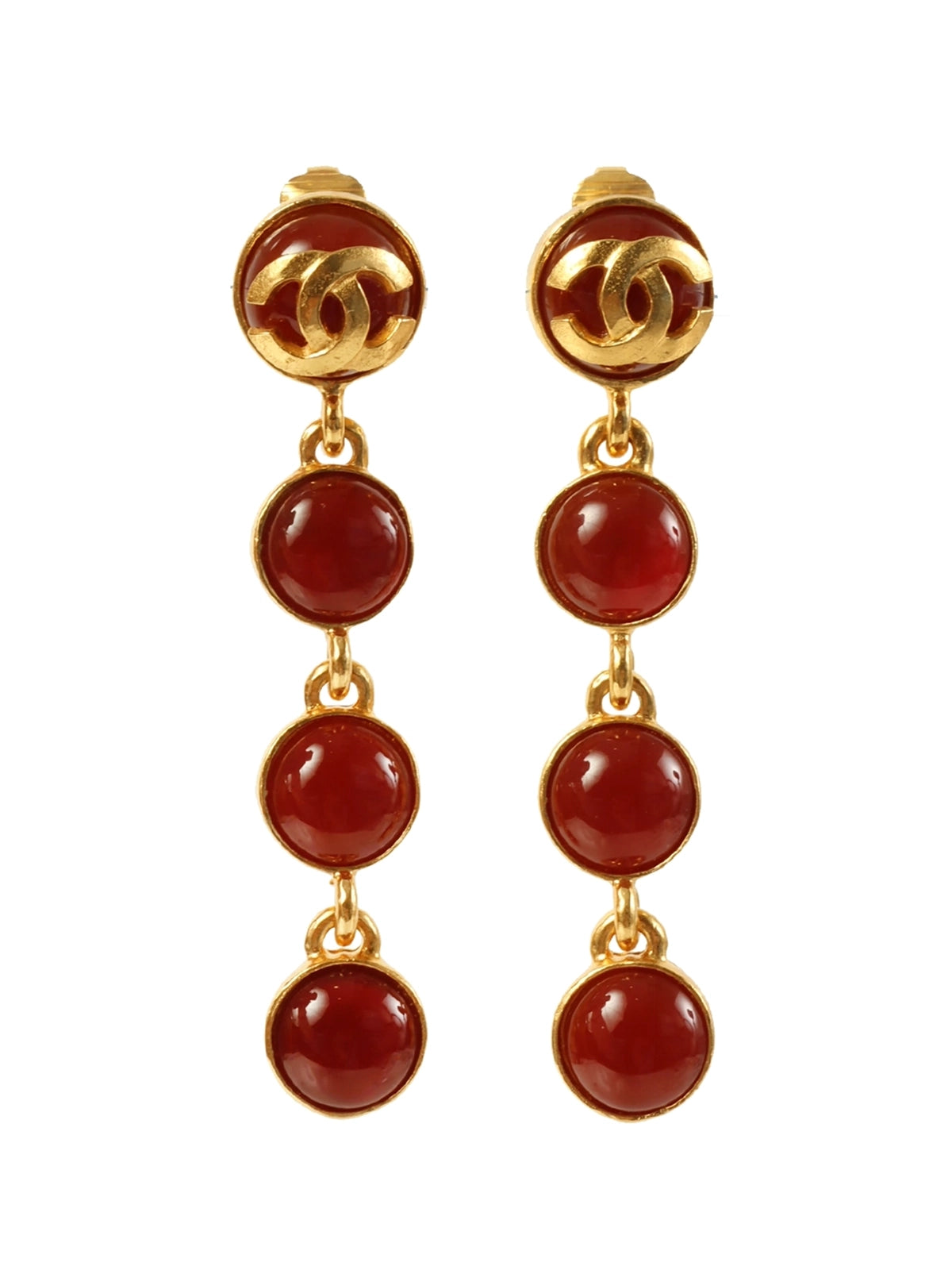 image of CHANEL 1995 Made Gripoix Round Cc Mark Swing Earrings Gold/Red