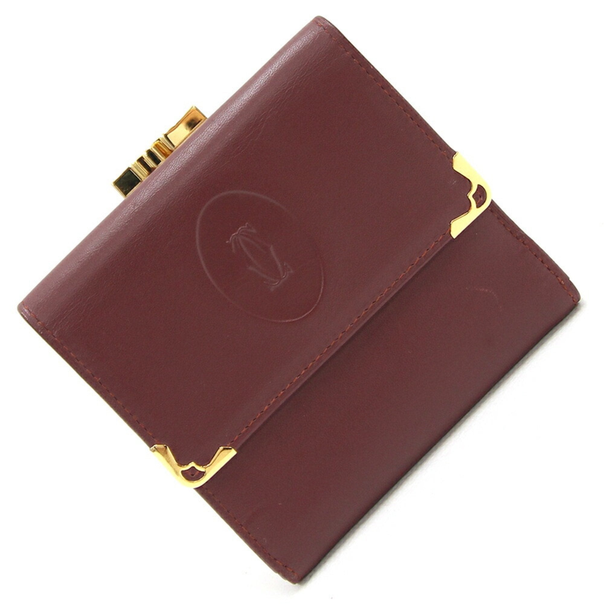 Tri-fold Wallet Must De L3000039 Bordeaux Calf Leather Double-sided Compact Women's