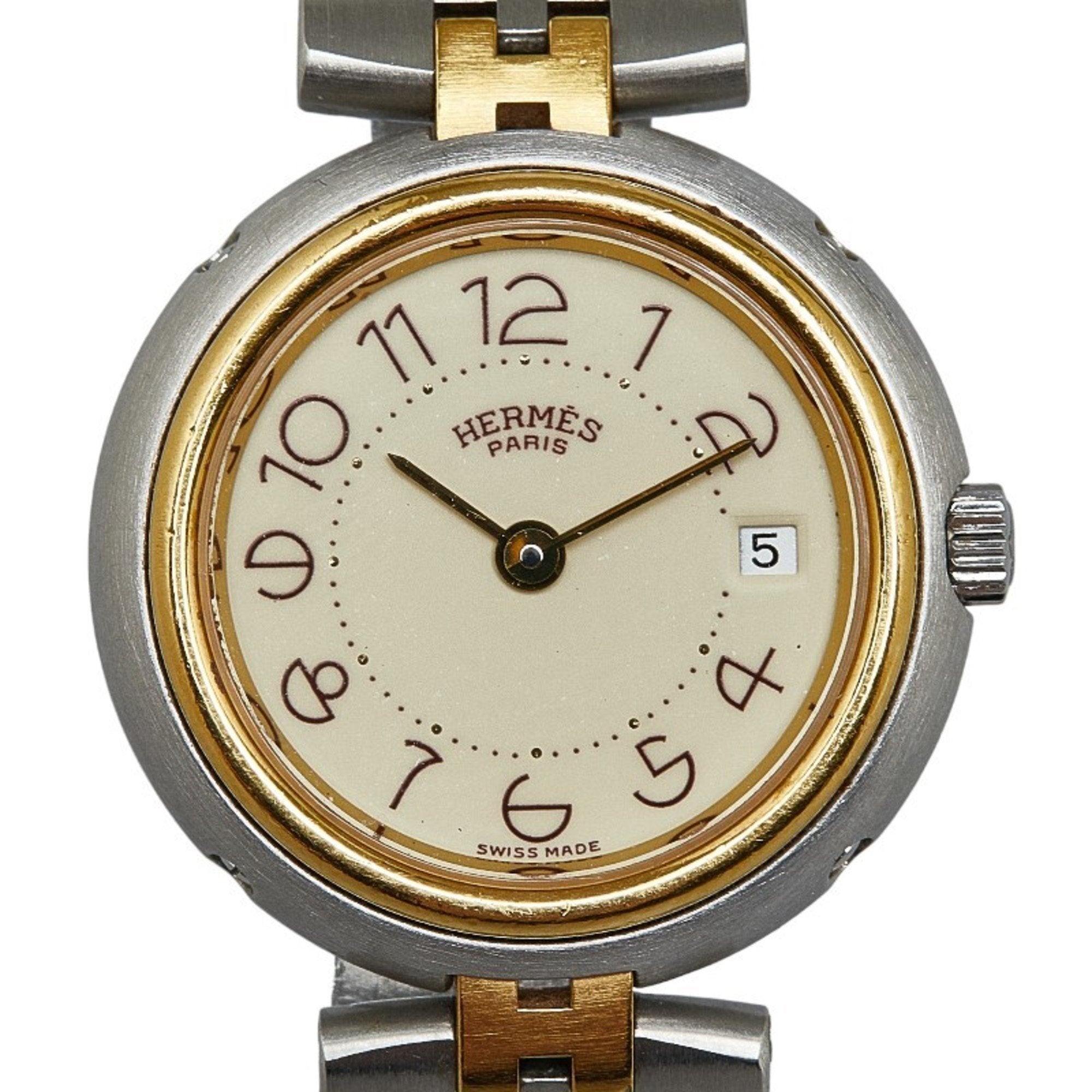 Image of HERMES Profile Date Watch Quartz Ivory Dial Stainless Steel Ladies